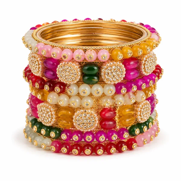 Colourful festive bangle stack with pearl and stone detail.