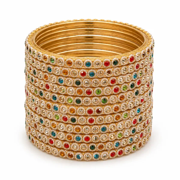 Multicolour stone-studded bangle stack on a clean background.