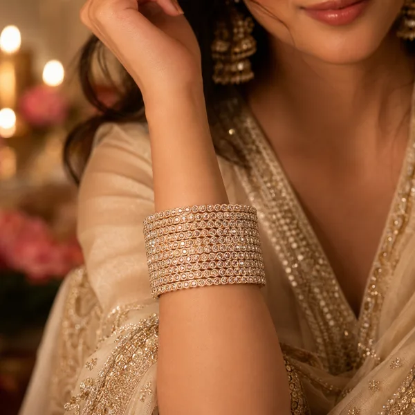 Stone-studded bangle set styled on a wrist.