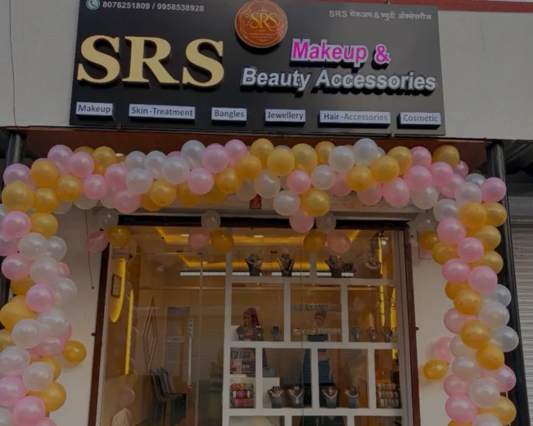 Ground-floor SRS Makeup & Beauty Accessories shopfront in Punawale, with the studio entrance and window display.